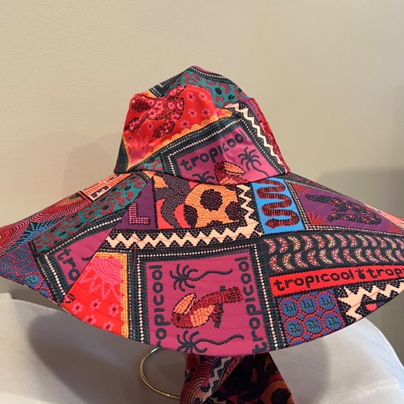 Farm Rio Dotted Patchwork Scarf Tropical Amazon Jungle Summer Beach Hat Packable - Picture 7 of 9